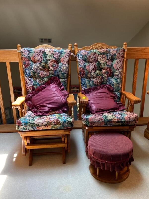 Two Wooden Glider Rockers and a Footstool