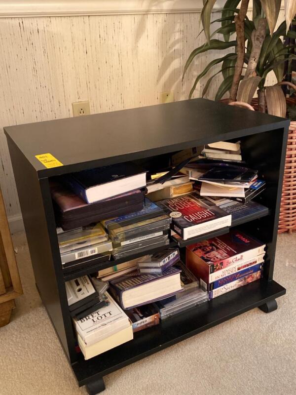 Black Wooden Rolling Shelf and Contents