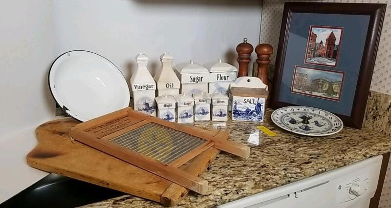 Washboard, Enamel Basin, Porcelain Canisters, Framed Print, and More