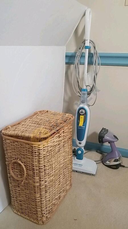 Black & Decker Steam Mop, Shark Press & Refresh, and Wicker Hamper