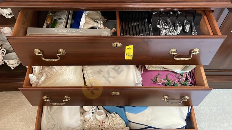 Contents of 3 Drawers with Flatware, Bride & Groom Sets, Cheese Knives, and More