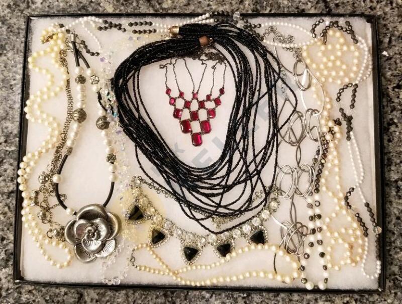 Silver-Tone Necklaces with Large Rose, Red Stones, and More