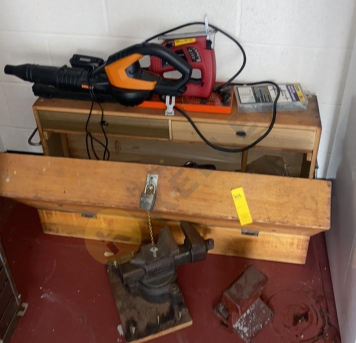 Vise, Skil Saw, Wooden Toolbox, and More