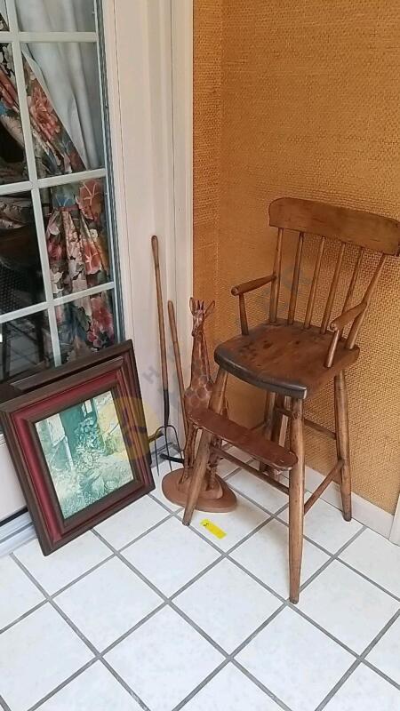 Vintage Wooden High Chair, Wooden Carved Giraffe, and More