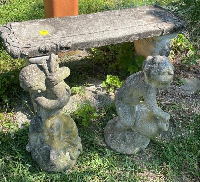 Cement Bench and 2 Statues