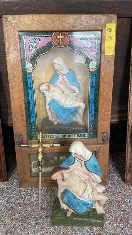 Antique Viaticum Catholic Religious Shadow Box, Statue, and Cross