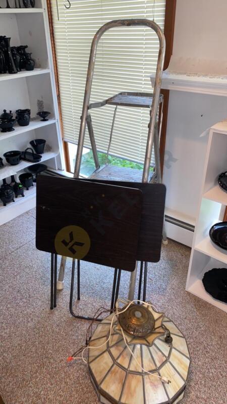 Metal Step Stool, Tray Tables, and Leaded Stain Glass Hanging Light