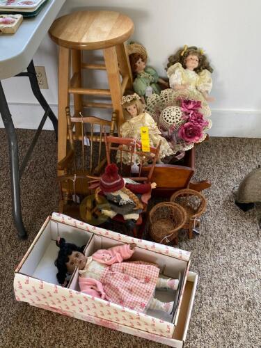 Porcelain Dolls, Wooden Doll Cradle, and More