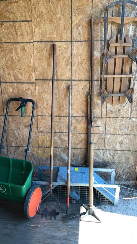 Spreader, Vintage Sled, Animal Live Trap, and Garden Tools