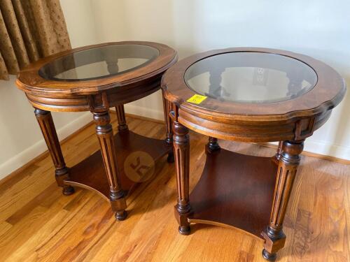 Pair of Round Glass Top Wooden Side Tables