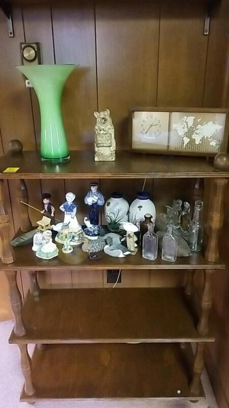 Vintage Cast Iron Pig Bank, Wooden Shelf, and More