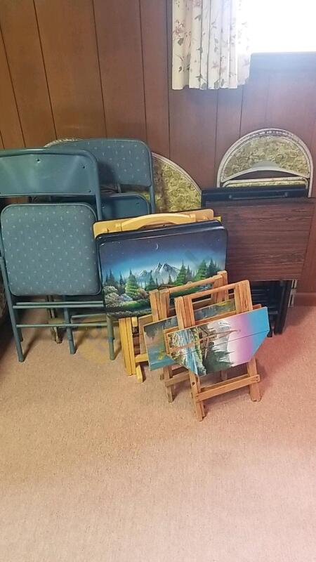 Painted Wood Tray Tables, Wooden TV Tray Set With Stand, Retro Card Table with 3 Chairs, and 2 Folding Chairs