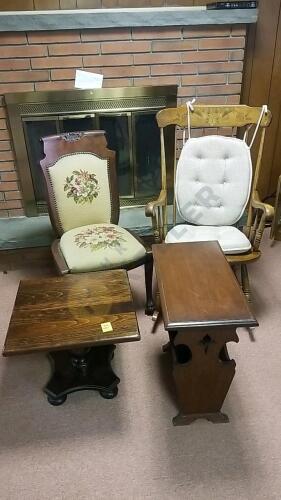 Wooden Chair with Needlework and Nail Head Accent, And More