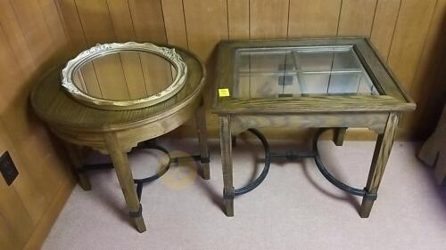 2 Wooden Side Tables with Metal Legs and Oval Mirror