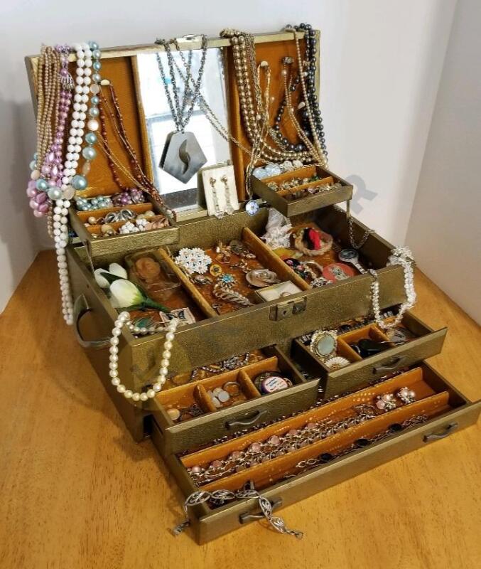 Jewelry in Jewelry Box with Gold, Silver, Cameo, and Nixon Pin