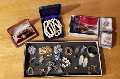 Brooches, Barrettes, Watches, Shoe Clips, and Boxed Jewelry