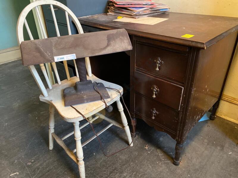 Vintage Wood Desk, Desk Lamp, and More
