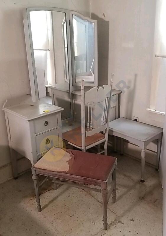 Wooden Vanity, Chair, and Stools