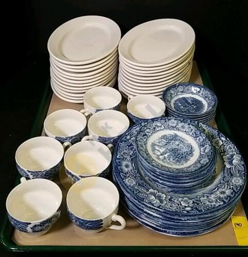 Porcelain Liberty Blue "Historic Colonial Scenes" 9.5" Across Plates, 5" Across Bowls, Cups, Saucers, and More