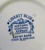 Porcelain Liberty Blue "Historic Colonial Scenes" 9.5" Across Plates, 5" Across Bowls, Cups, Saucers, and More - 11