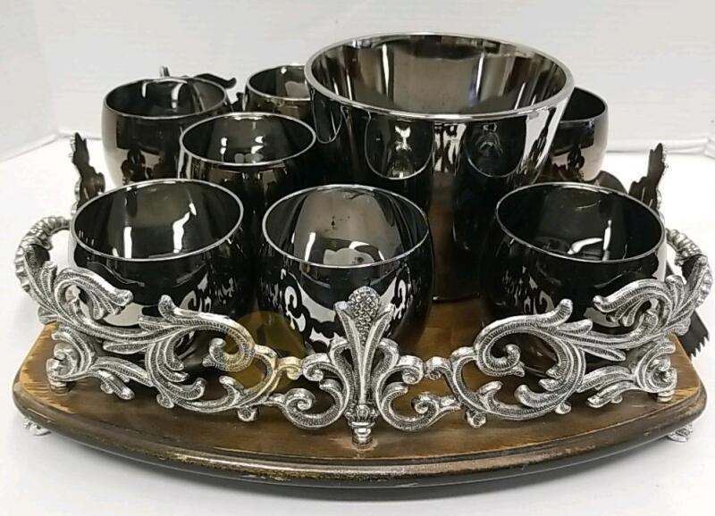 Mid Century Silver Glass Ice Bucket, 7 Glasses, Footed Wood Serving Tray, and Tongs