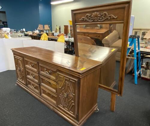 Carved Wood Dresser with Mirror