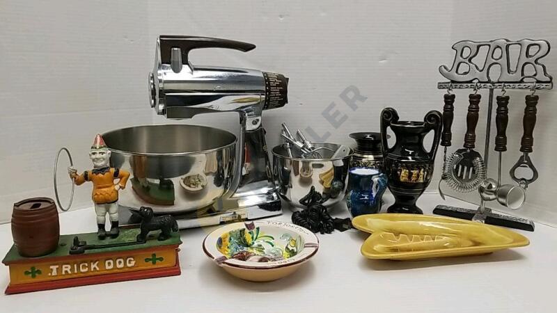 Vintage Sunbeam Stainless Mixmaster Mixer, Cast Iron Bank, Bar Tool Set, and More