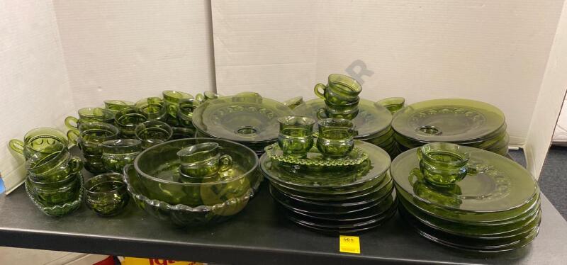 Green Indiana Glass King’s Crown Thumbprint Snack Plate & Cup Sets and More