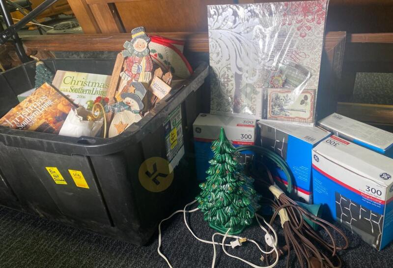 Ceramic Christmas Tree, String Lights, and Holiday Items.