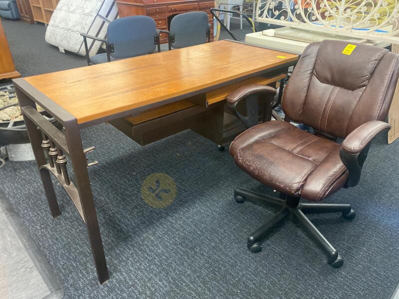 Wooden Desk With Metal Frame and Desk Chair