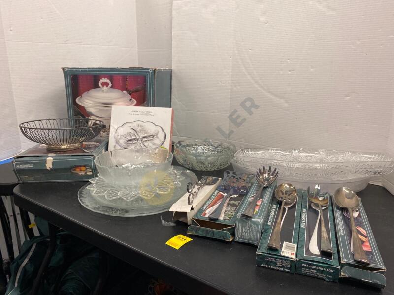 Silver Plated Servingware, Crystal Dish, and Other Serving Dishes