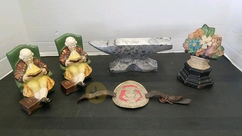 Cast Iron Bookends and Doorstop, Vintage Crossing Guard Medallion, and More