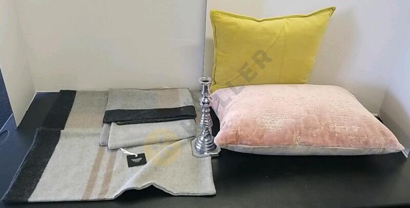 Metal Candlestick, 2 Throw Pillows, And 2 William's Sonoma Home Wool Pillow Covers