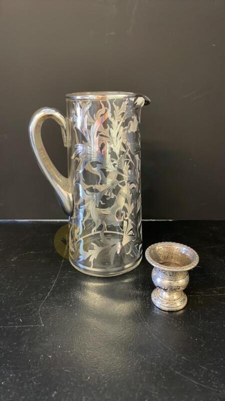 Mini Sterling Silver Vase and Glass Pitcher with Silver Overlay