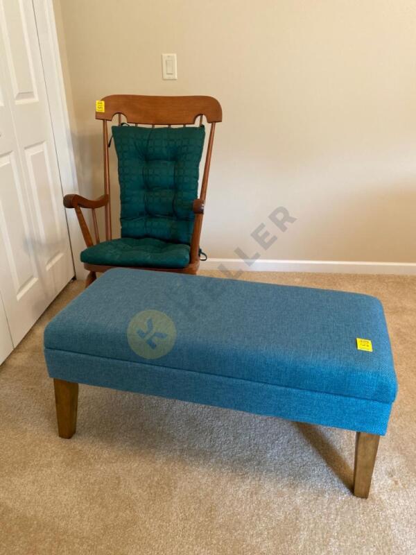 Padded Bench with Storage and Wooden Rocking Chair