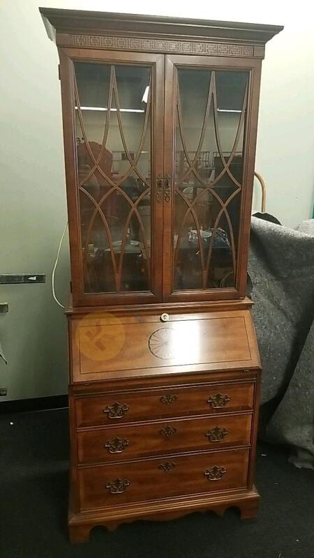 Cherry Secretary Desk With Glass Cabinet Shelf