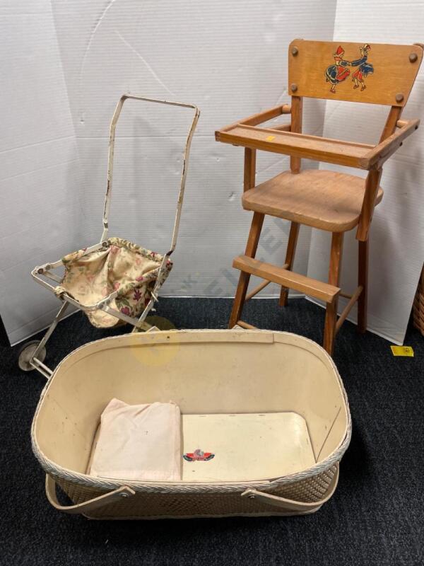 Vintage Doll High Chair and Baby Carriage