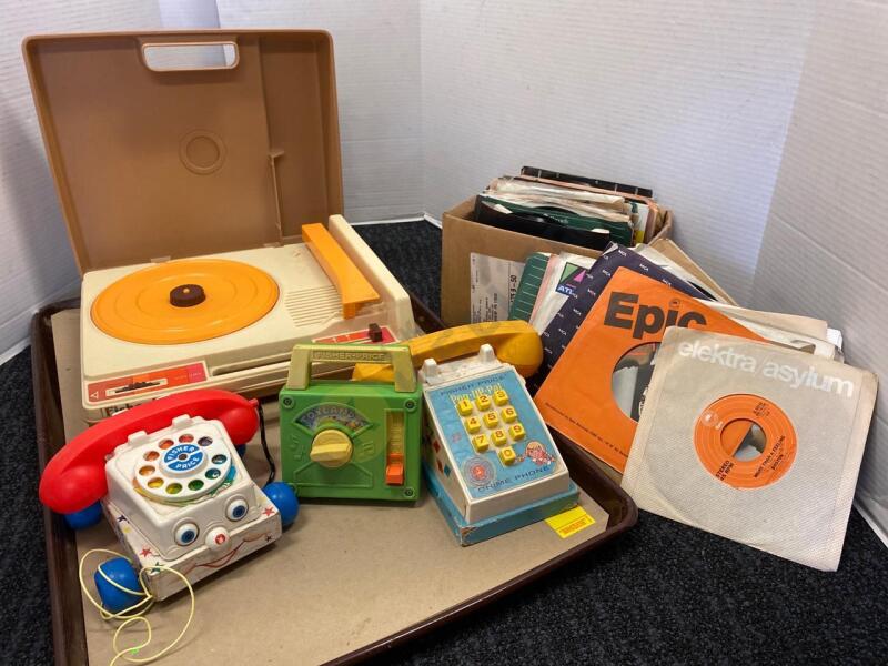 Fisher Price Record Player, 45rpm Records, and 3 Vintage Fisher Price Toys