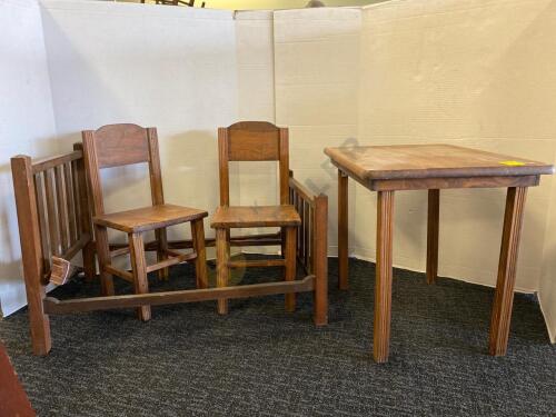 Wooden Child's Table with 2 Chairs and Wooden Bed