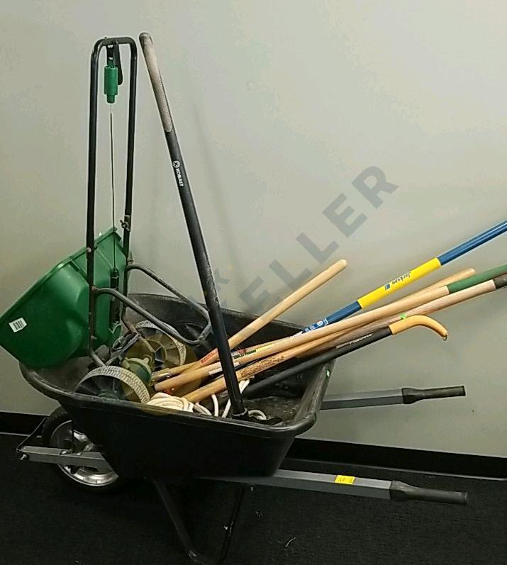 Plastic Wheelbarrow With Metal Frame, Garden Tools, and More