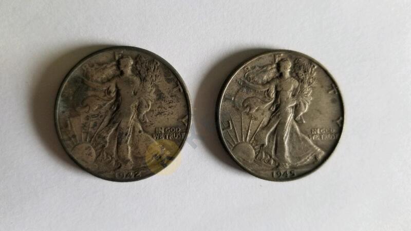 1942 and 1945 Silver Walking Liberty Half Dollar Coins