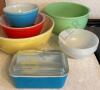 Pyrex Mixing Bowls, Pyrex Refrigerator Dish, and Jadeite Bowl