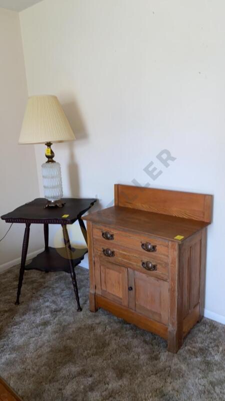 Vintage Side Table, Wash Stand Cabinet, and Lamp