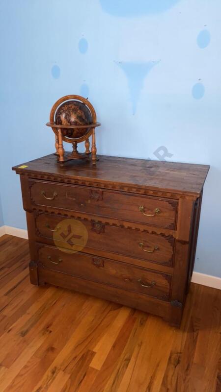 Antique Dresser, Contents, and Wooden Globe