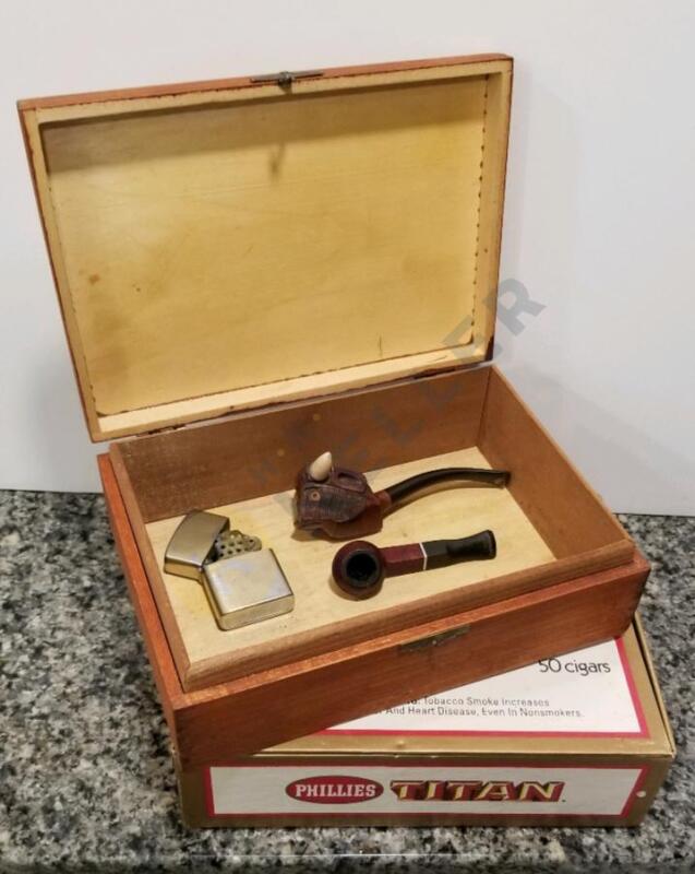 Tom Thumb and Bull Tobacco Pipes, Lighter, and Boxes