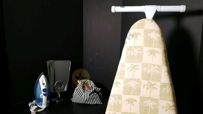 Ironing Board, Iron, Clothes Pins With Bag, And Mirror