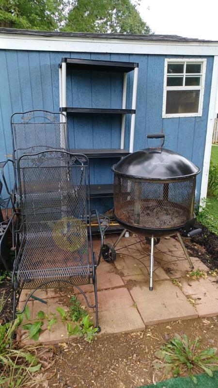 3 Wrought Iron Chairs, Heatwave Firepit, and Shelf