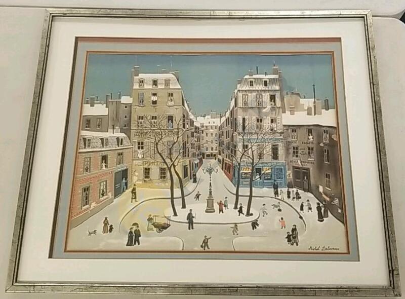 Framed and Matted Michel Dela Criox Lithgraph of Paris City Winter Scene Print