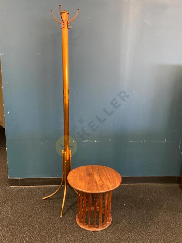 Mid Century Modern Side Table and Vintage Copper Coat Tree