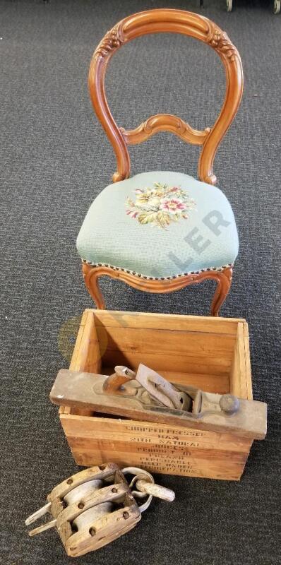 Block Plane, Vintage Pulley, Wooden Crate, and Chair